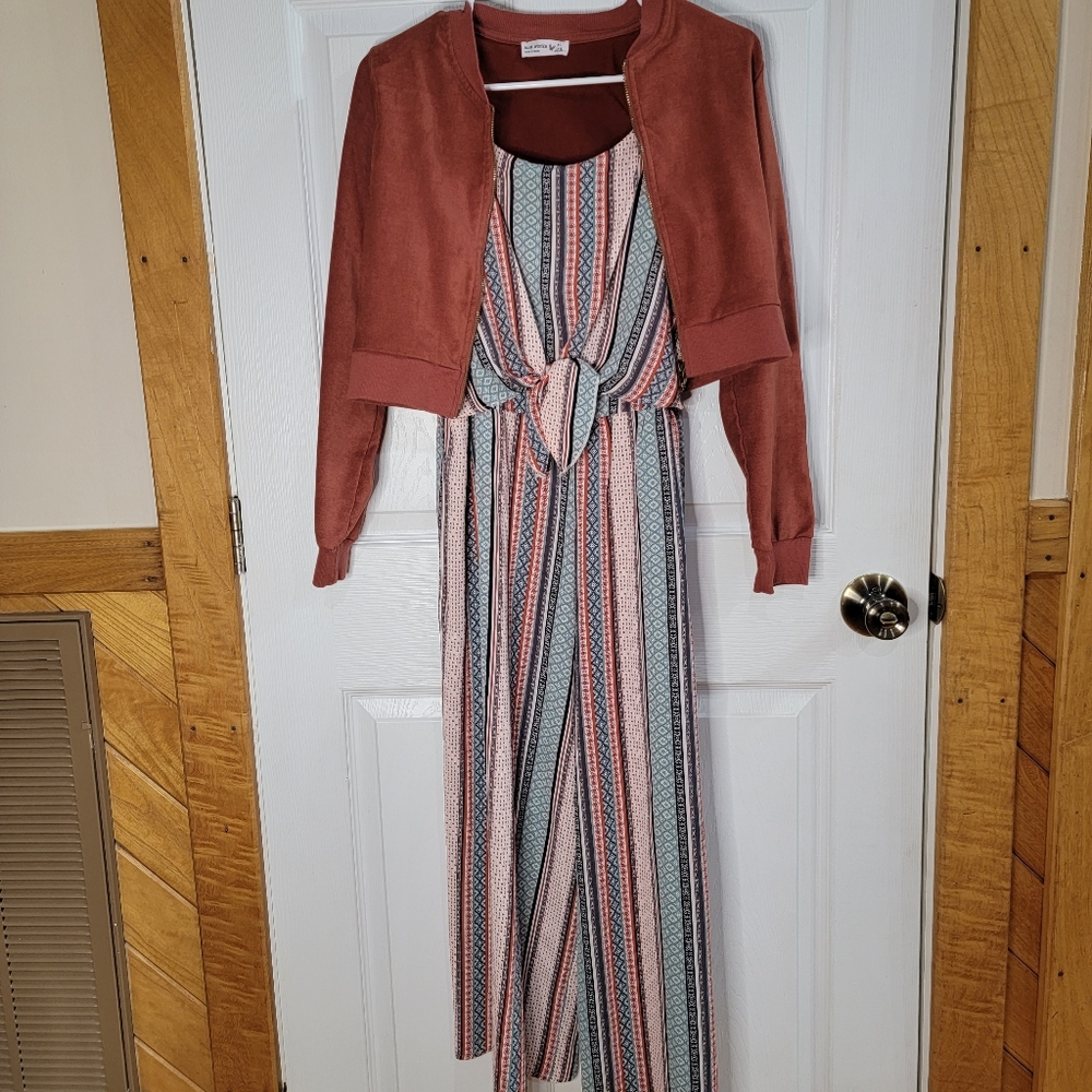 Knit Works Girl's Size 18 1/2 Plus Sleeveless Jumpsuit With Short Zip Up Jacket